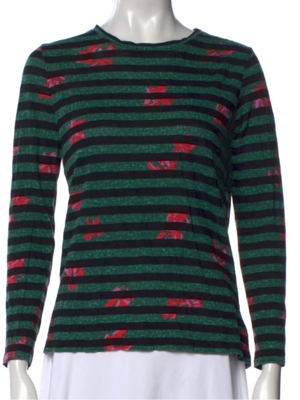 Proenza Schouler Striped Floral Long Sleeve Tee Green Black Pink Cotton Top S
